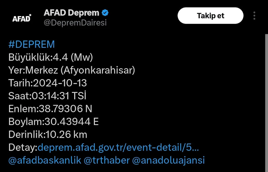 Afyonkarahisar'da 4.4 Büyüklüğünde Deprem!