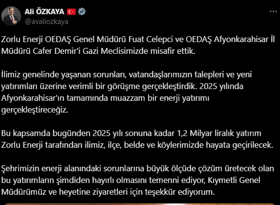 Afyonkarahisar'a 1,2 Milyar Liralık Enerji Yatırımı Müjdesi